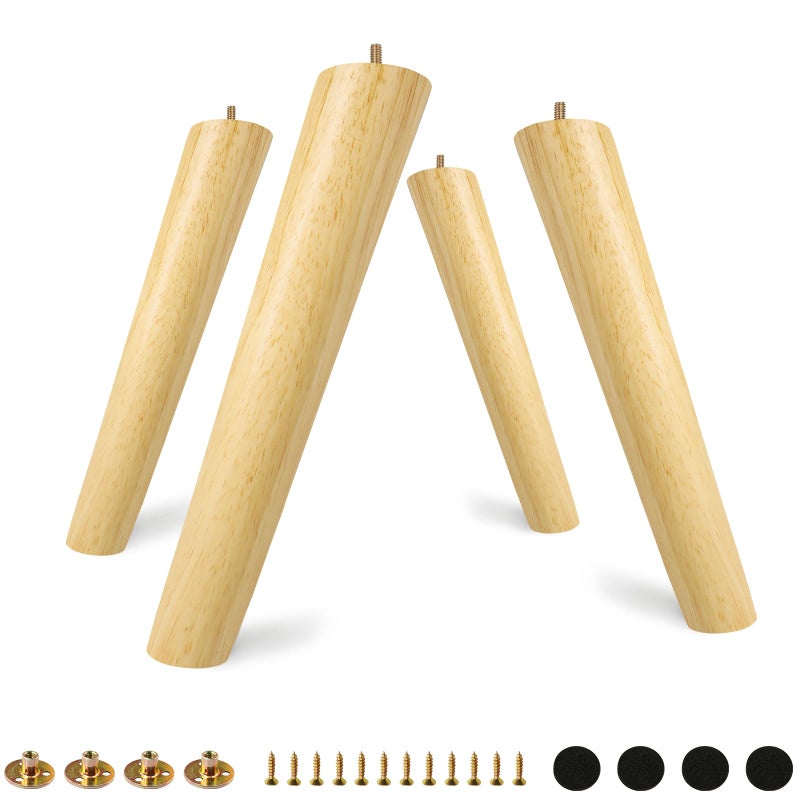FoDau770 Rubber Wood Furniture Legs 12 Inches, Slant Tapered Wood Legs Mid Century Sofa Legs Set of 4, 5/16"" UNC Furniture Feet Replacement Legs for Cabinet Sofa Couch Dresser Chair Ottoman Table - Image 1